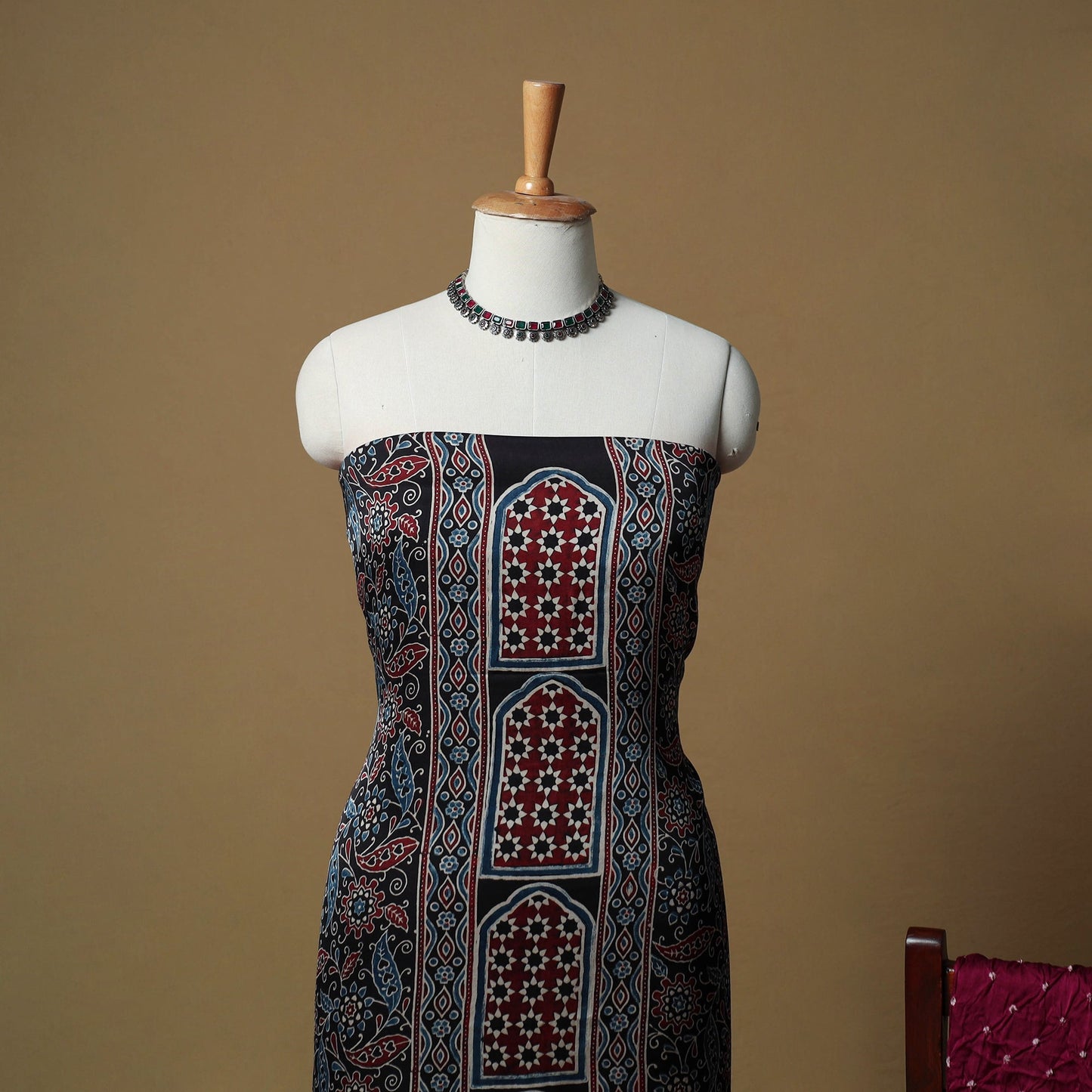 Ajrakh hand block print with bandhani modal silk natural