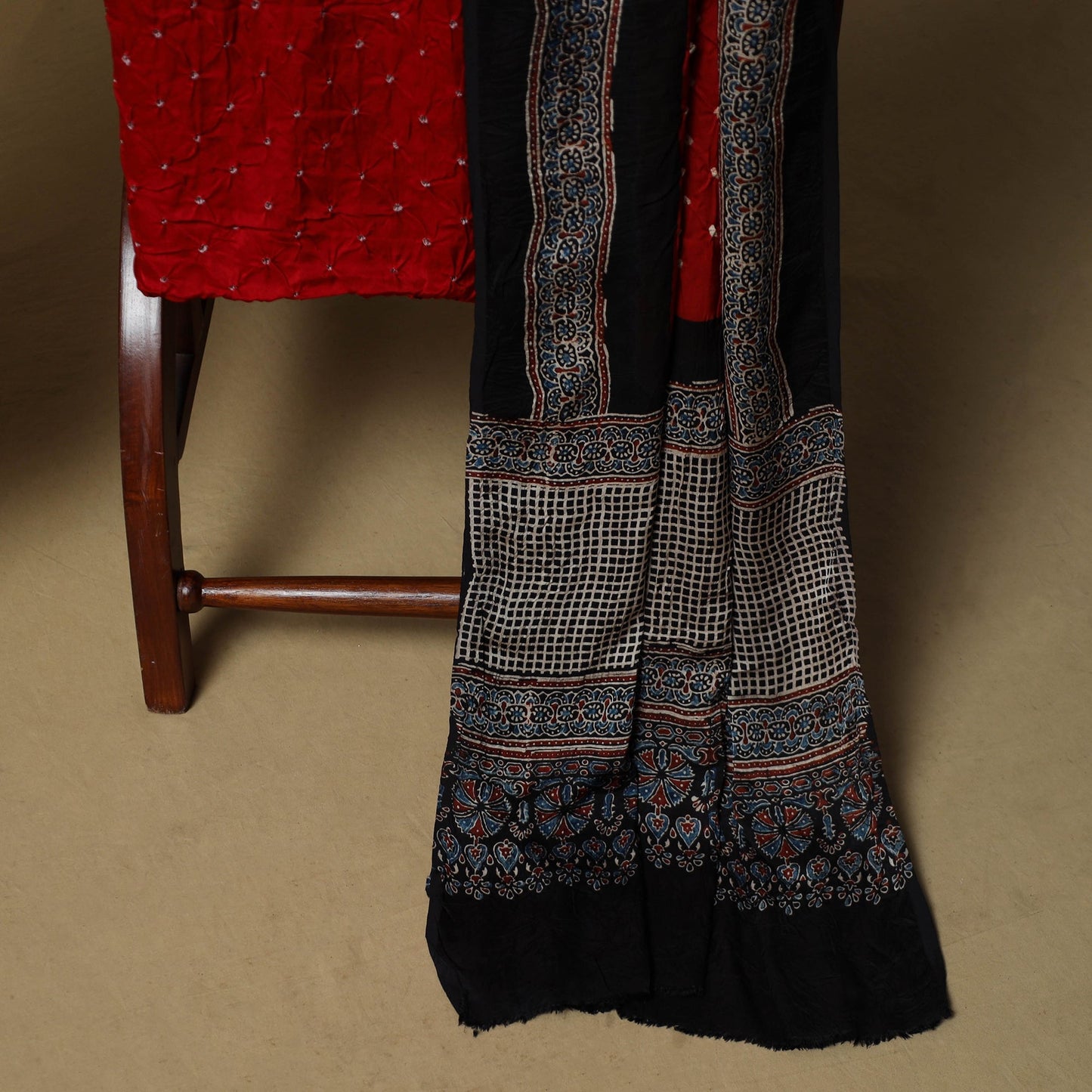 Ajrakh hand block print with bandhani modal silk natural