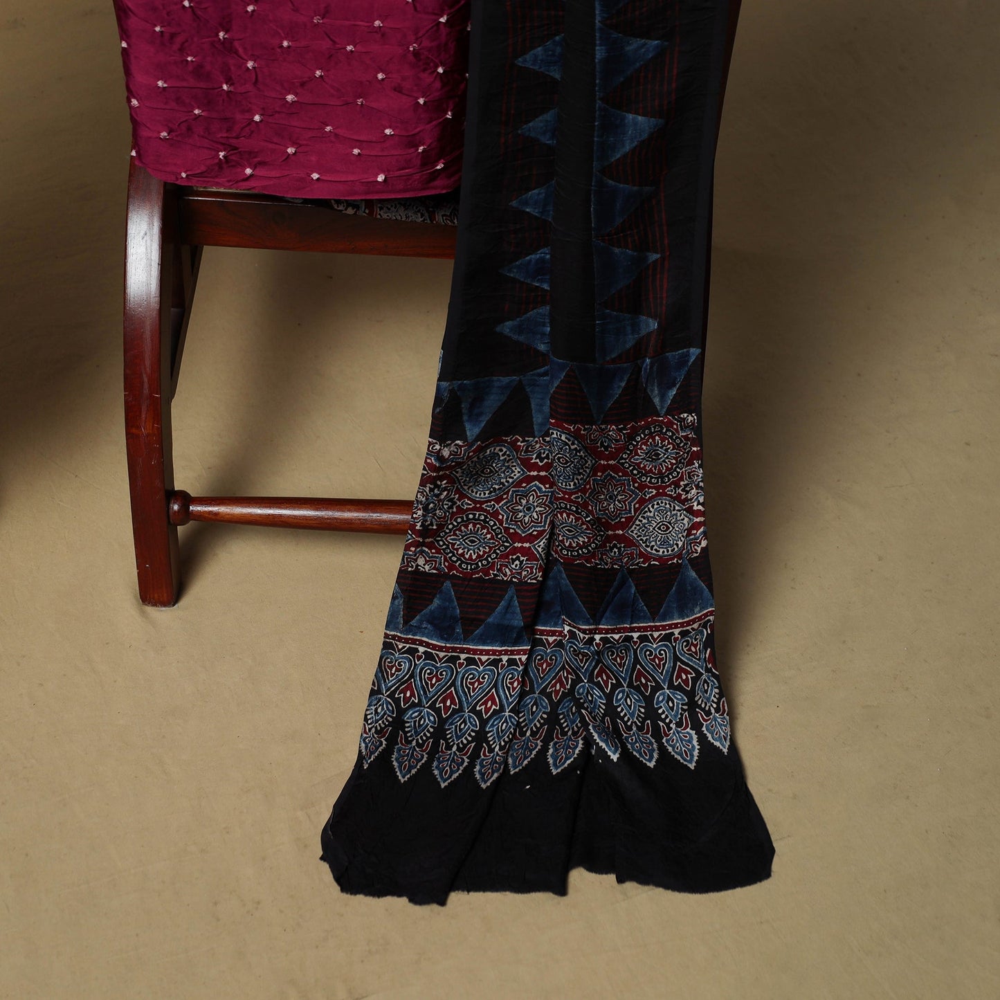 Ajrakh hand block print with bandhani modal silk natural