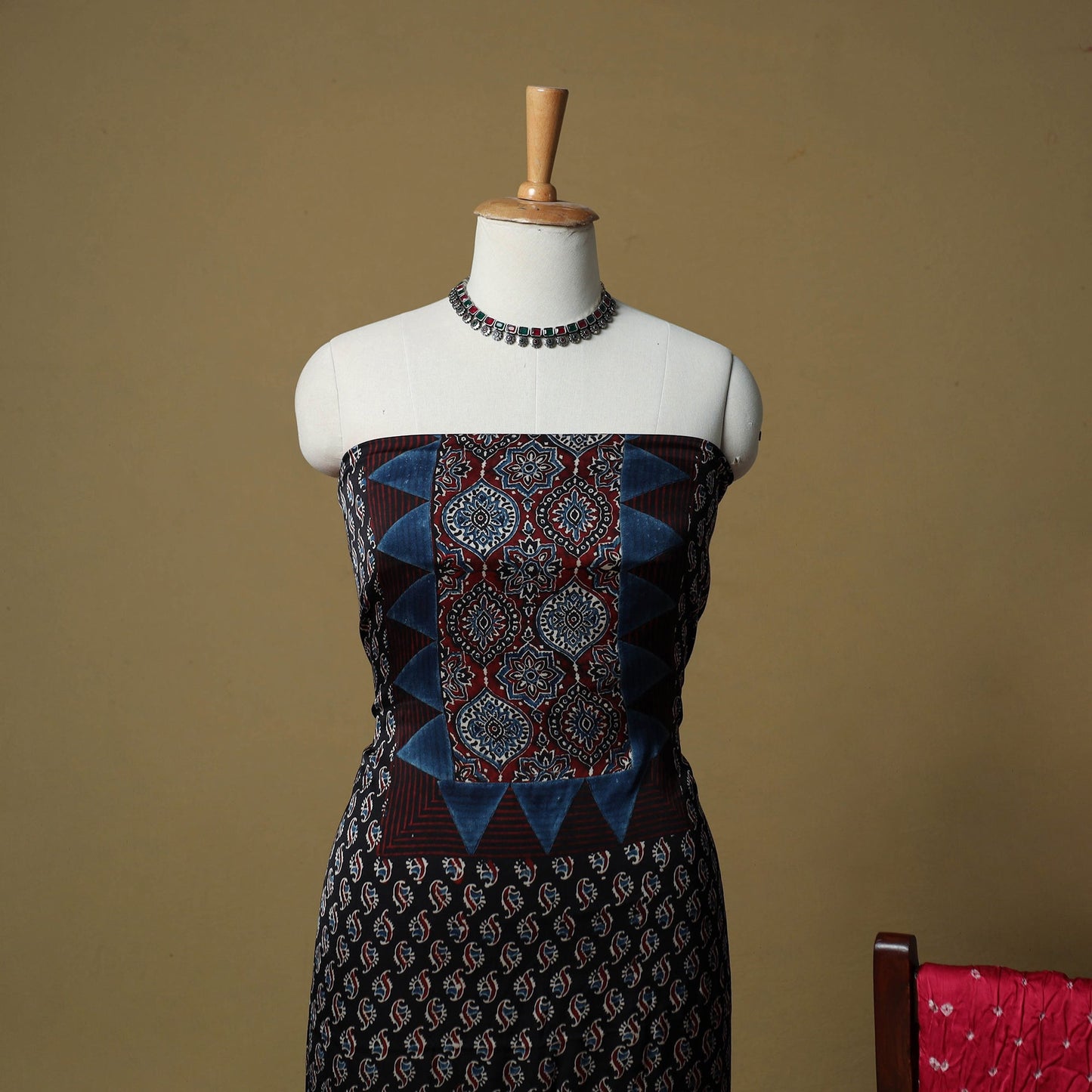 Ajrakh hand block print with bandhani modal silk natural
