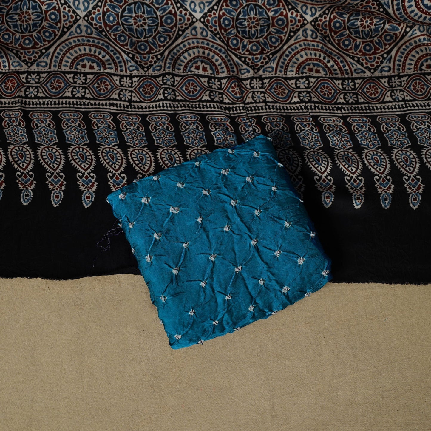 Ajrakh hand block print with bandhani modal silk natural