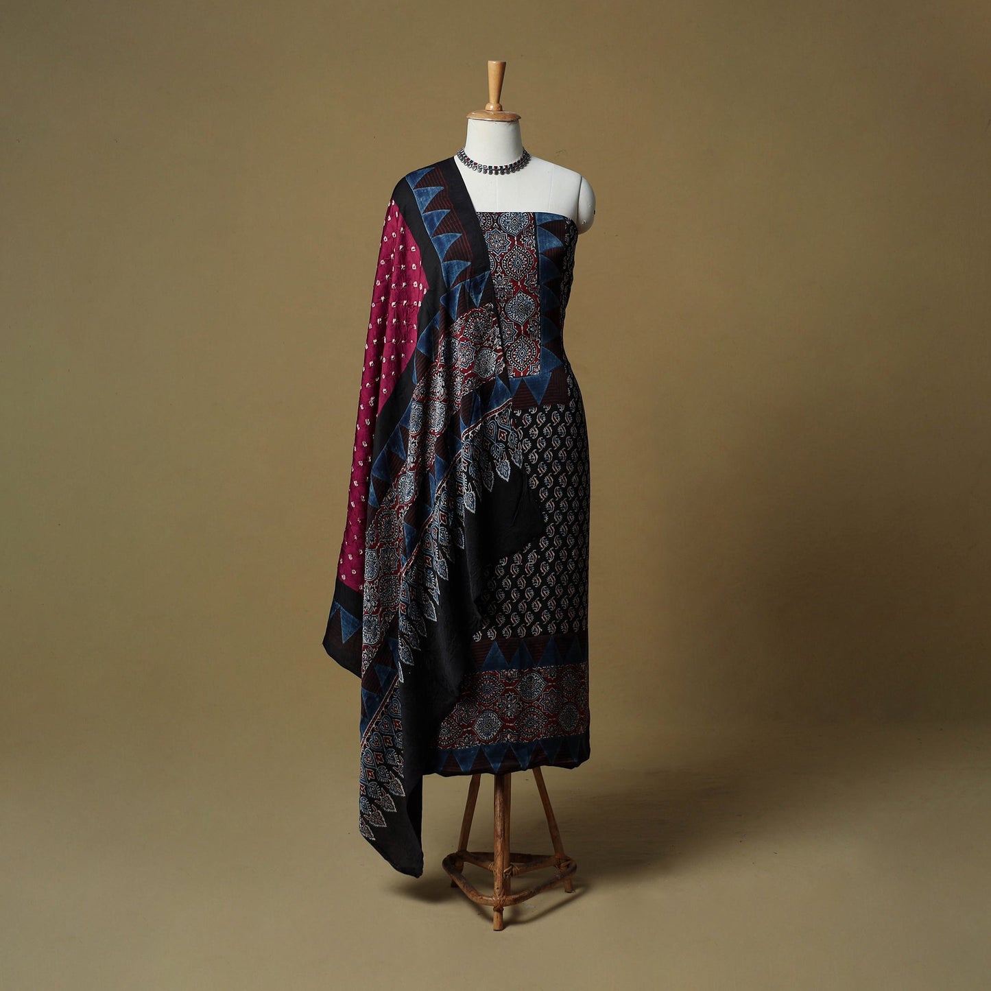 Ajrakh hand block print with bandhani modal silk natural