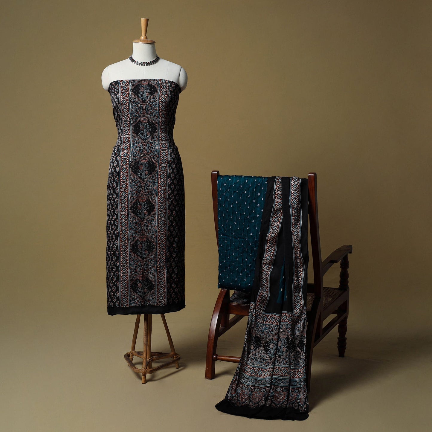 Ajrakh hand block print with bandhani modal silk natural