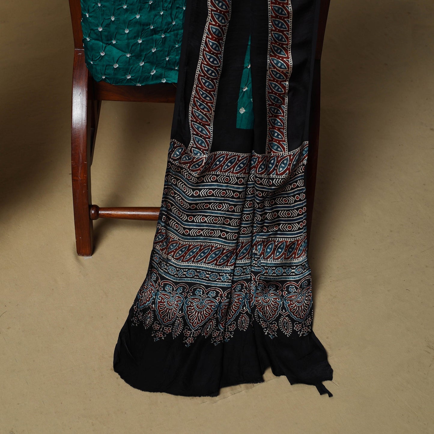 Ajrakh hand block print with bandhani modal silk natural