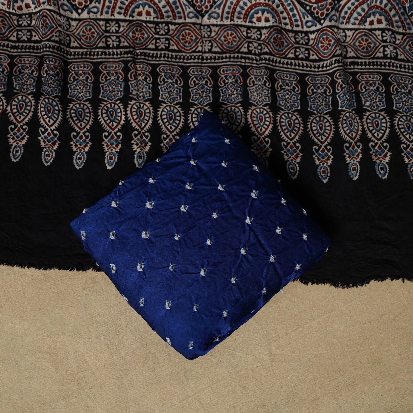 Ajrakh hand block print with bandhani modal silk natural