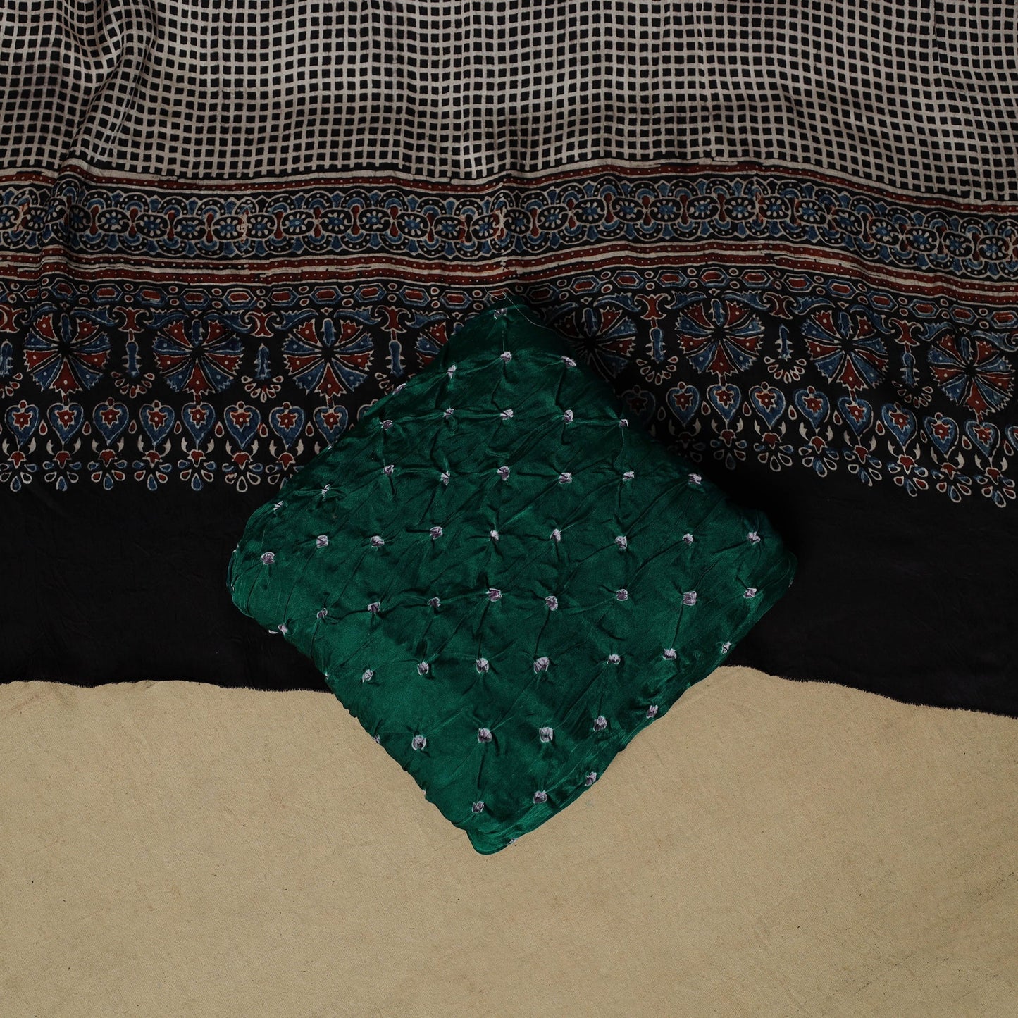 Ajrakh hand block print with bandhani modal silk natural