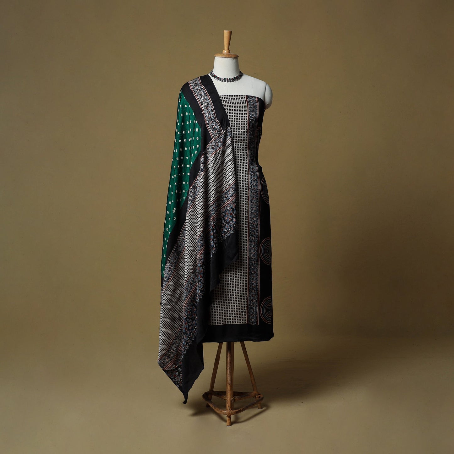Ajrakh hand block print with bandhani modal silk natural