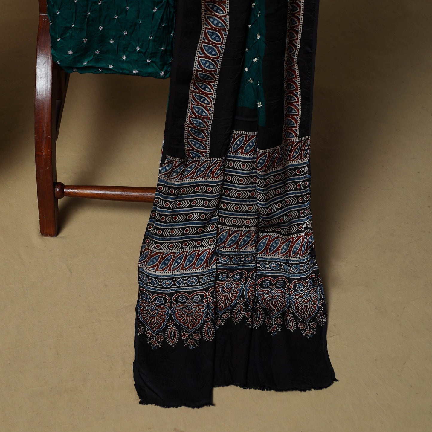 Ajrakh hand block print with bandhani modal silk natural