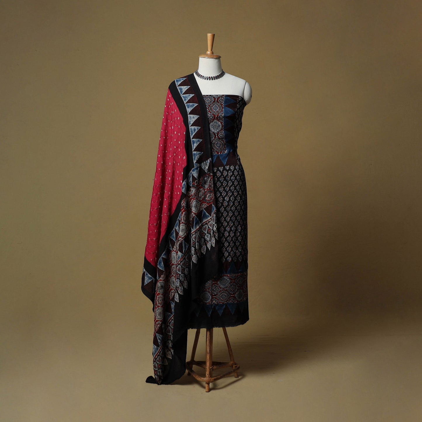 Ajrakh hand block print with bandhani modal silk natural