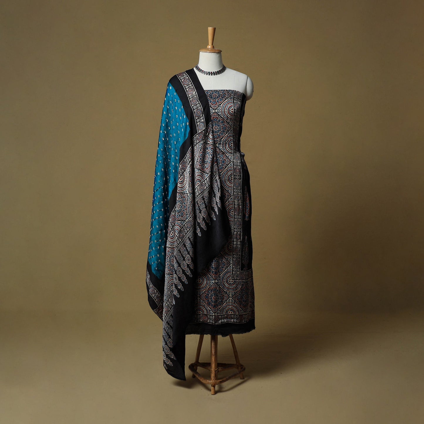 Ajrakh hand block print with bandhani modal silk natural