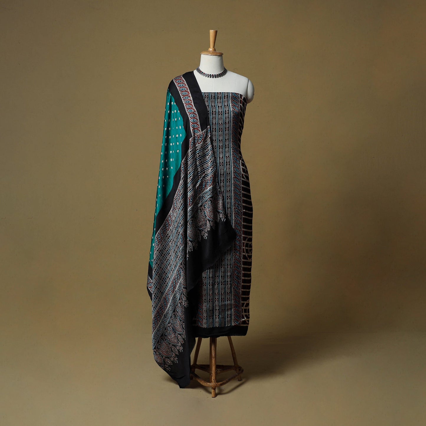 Ajrakh hand block print with bandhani modal silk natural