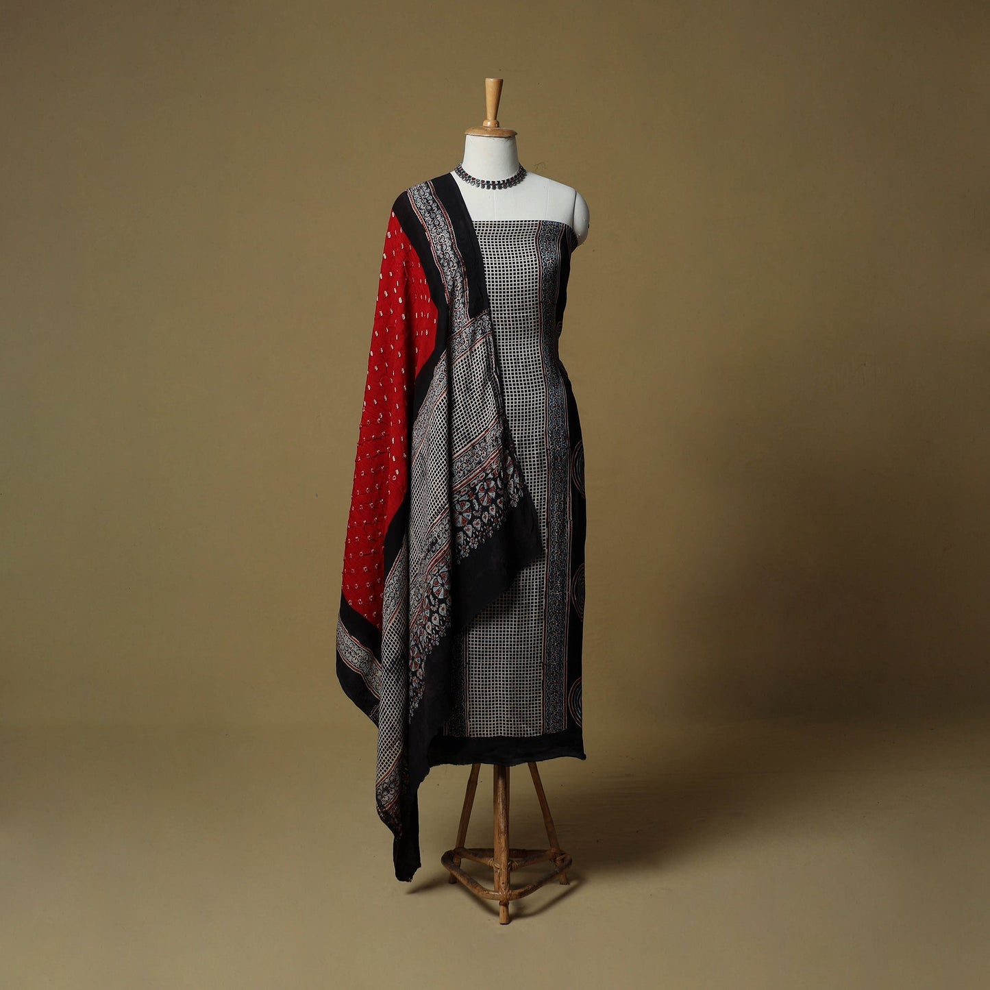 Ajrakh hand block print with bandhani modal silk natural
