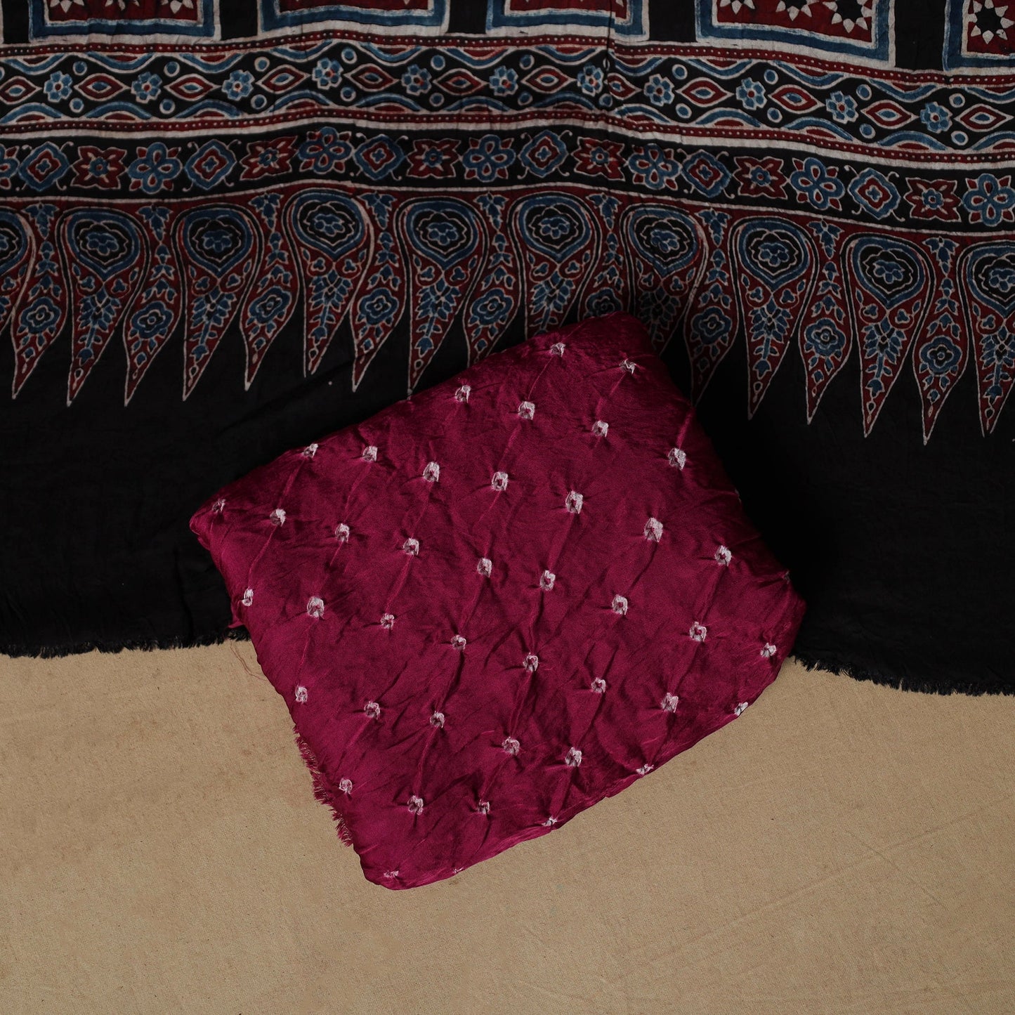 Ajrakh hand block print with bandhani modal silk natural