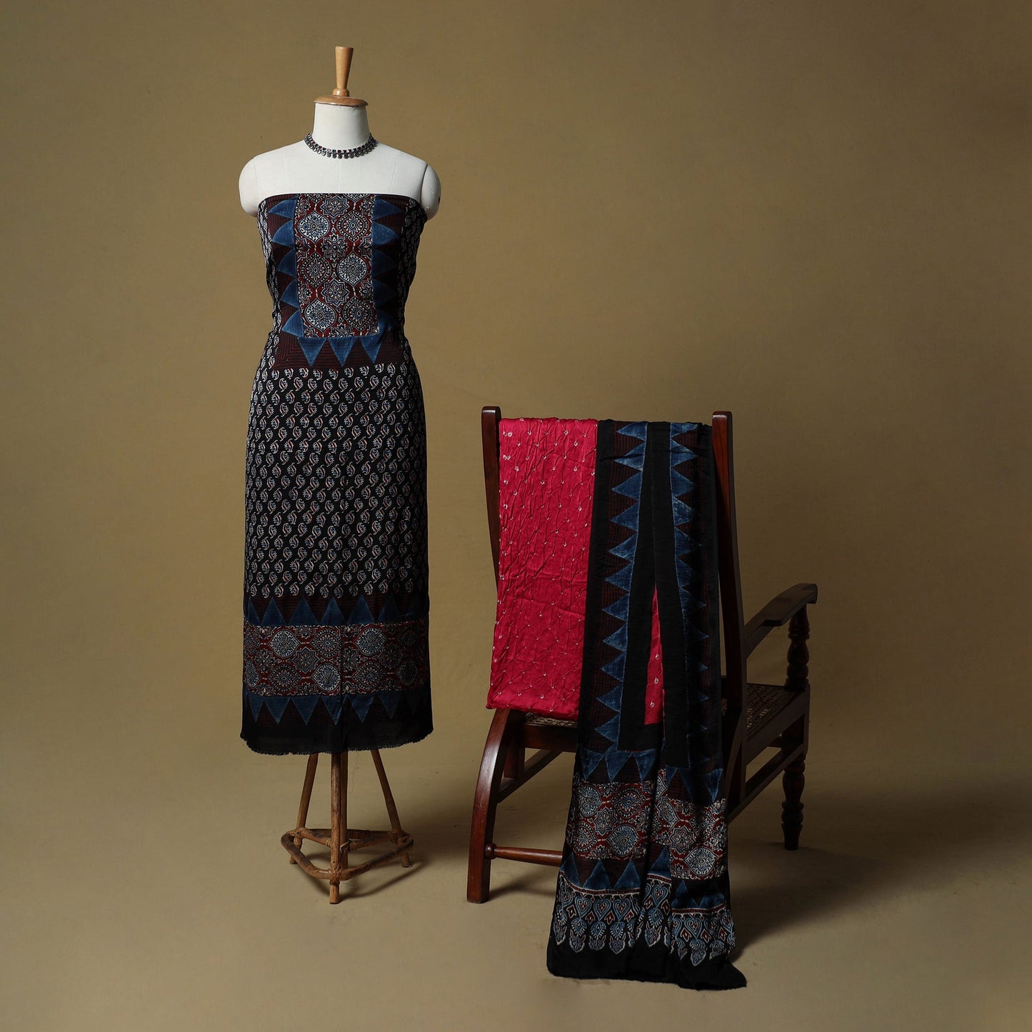 Ajrakh hand block print with bandhani modal silk natural