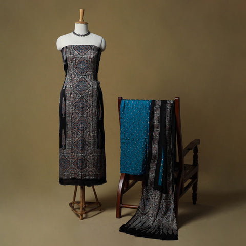 Ajrakh hand block print with bandhani modal silk natural