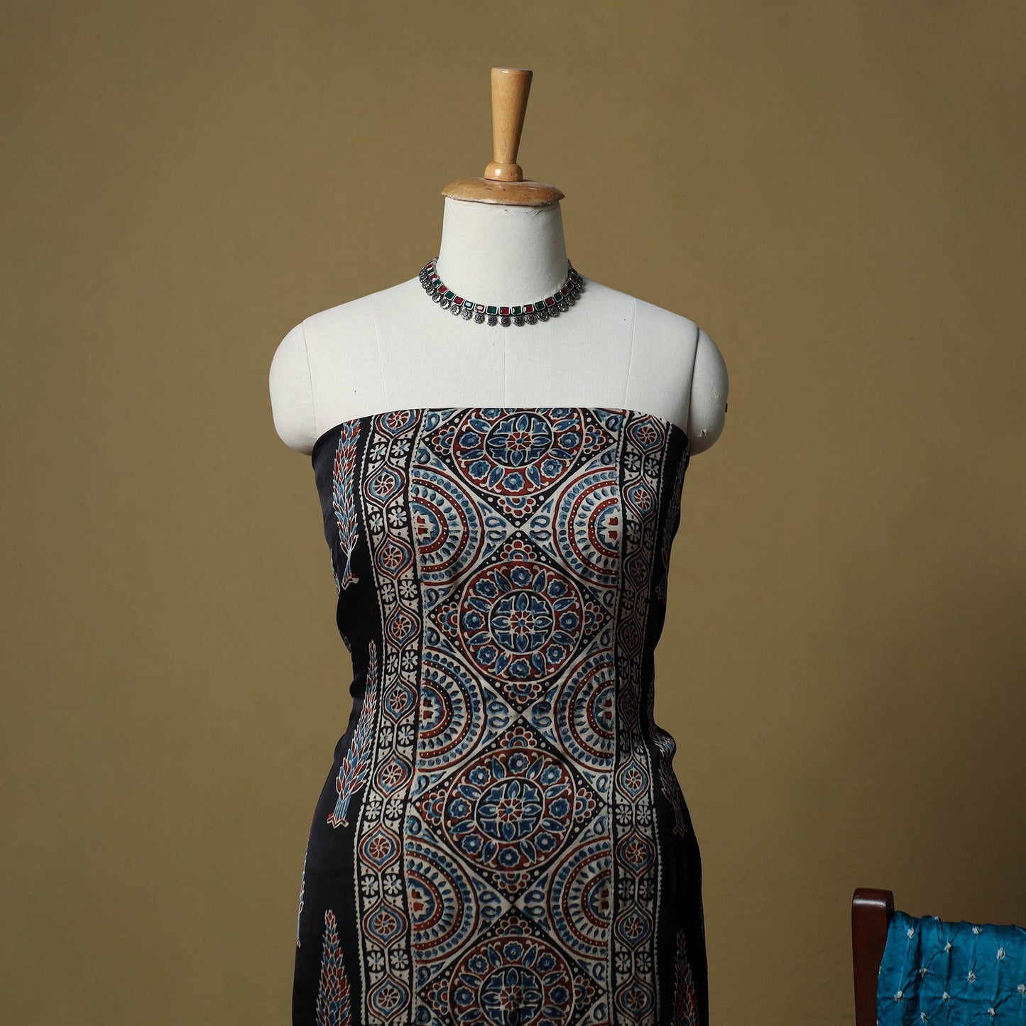 Ajrakh hand block print with bandhani modal silk natural