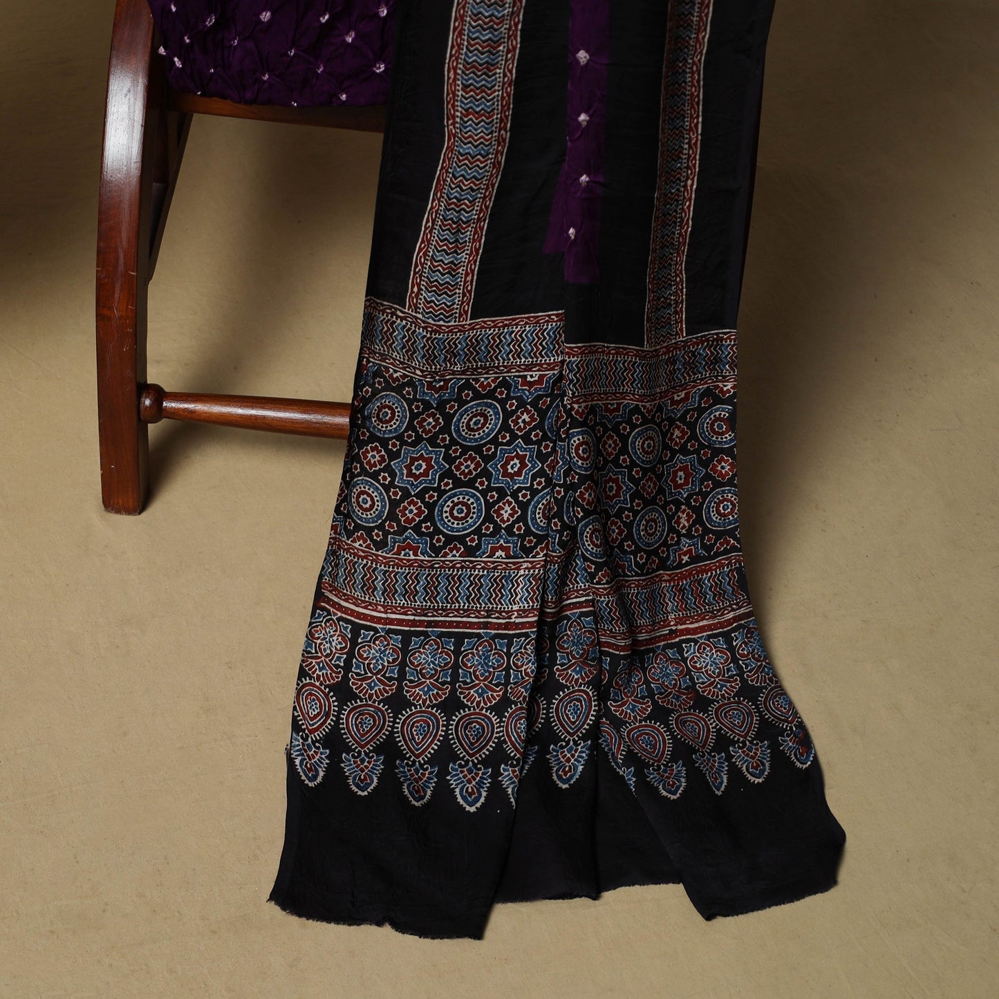 Ajrakh hand block print with bandhani modal silk natural