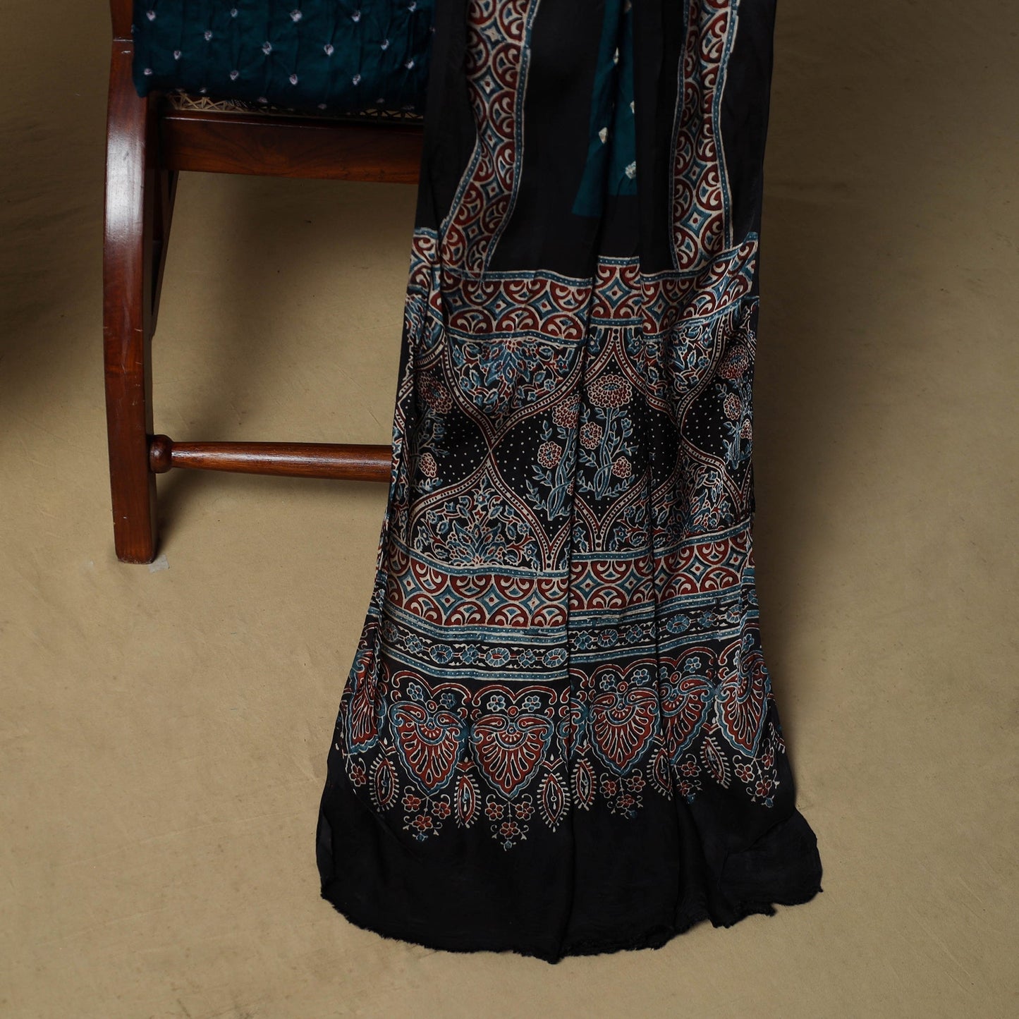 Ajrakh hand block print with bandhani modal silk natural