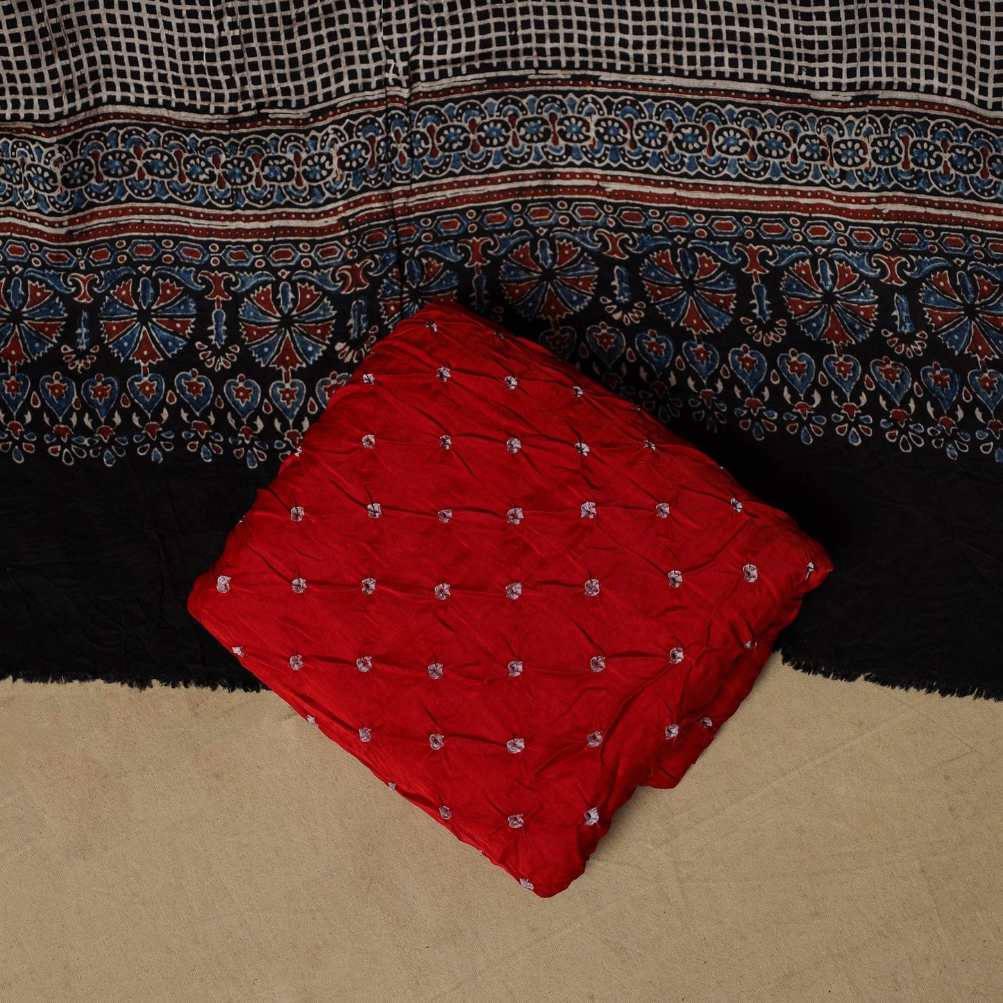Ajrakh hand block print with bandhani modal silk natural