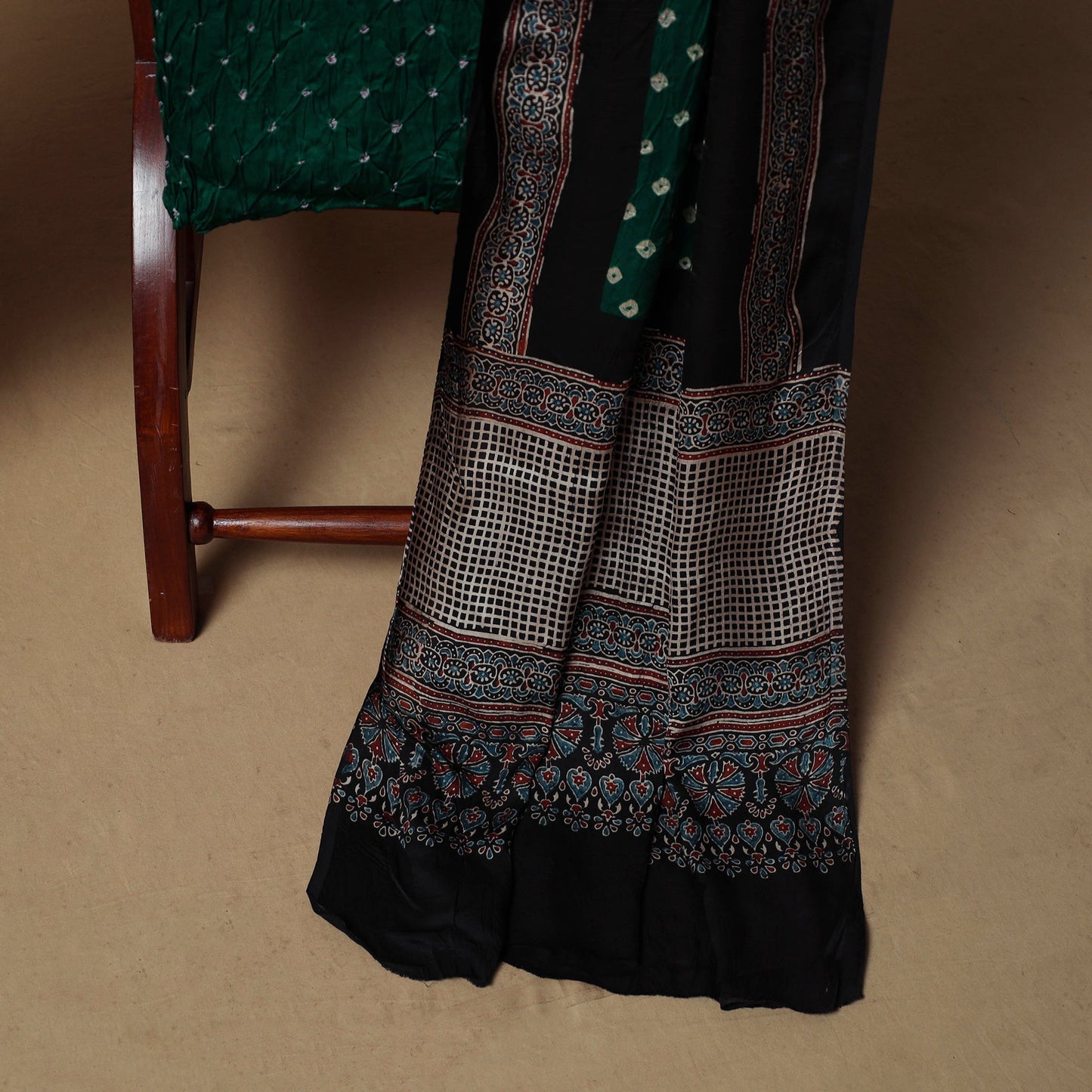 Ajrakh hand block print with bandhani modal silk natural