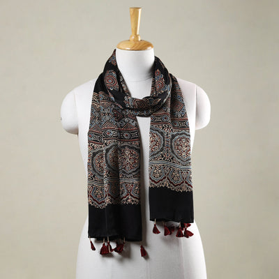  Ajrakh Hand Block Printed Modal Silk Stole with Tassels 