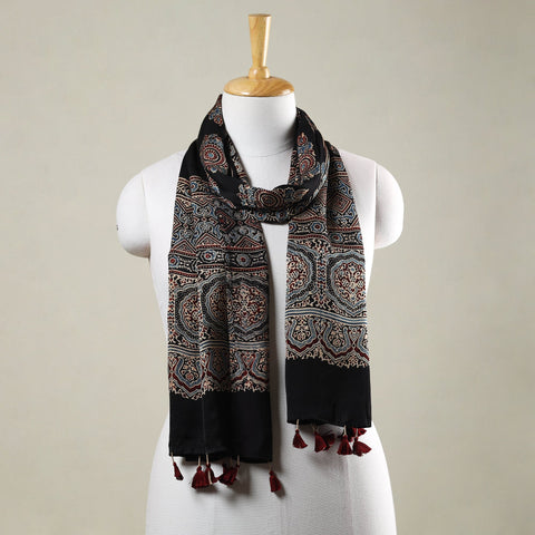  Ajrakh Hand Block Printed Modal Silk Stole with Tassels 