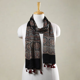  Ajrakh Hand Block Printed Modal Silk Stole with Tassels 