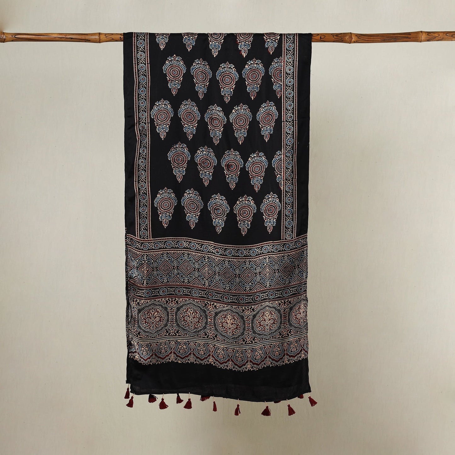  Ajrakh Hand Block Printed Modal Silk Stole with Tassels 