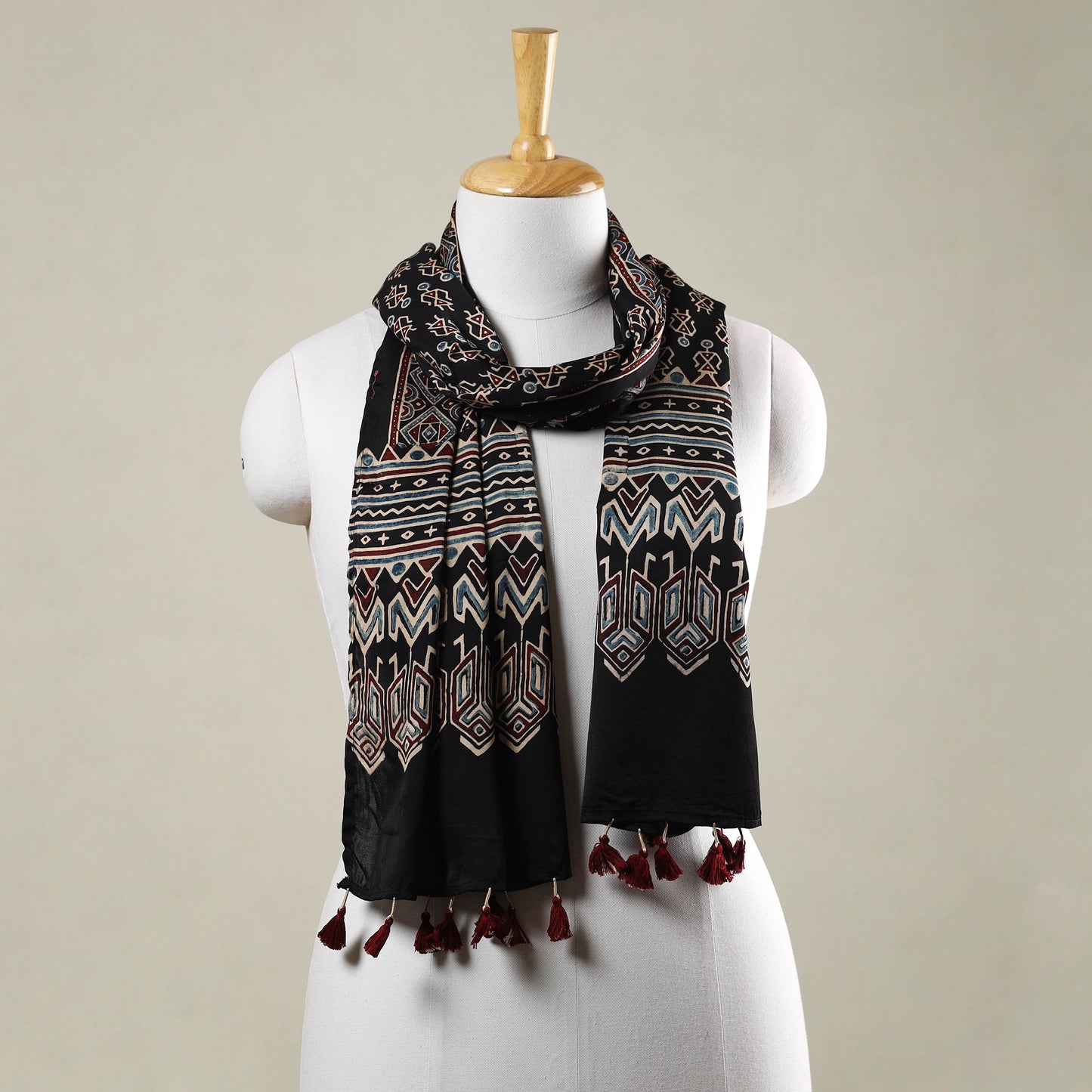  Ajrakh Hand Block Printed Modal Silk Stole with Tassels 