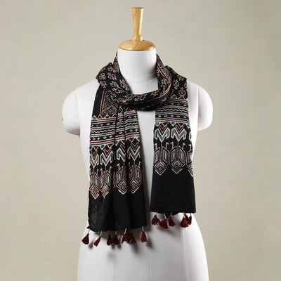  Ajrakh Hand Block Printed Modal Silk Stole with Tassels 