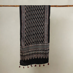  Ajrakh Hand Block Printed Modal Silk Stole with Tassels 