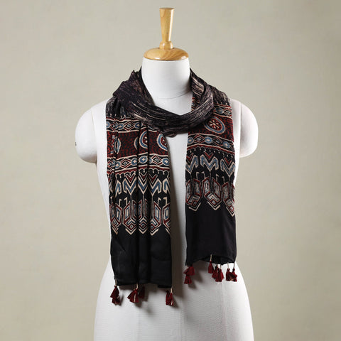  Ajrakh Hand Block Printed Modal Silk Stole with Tassels 