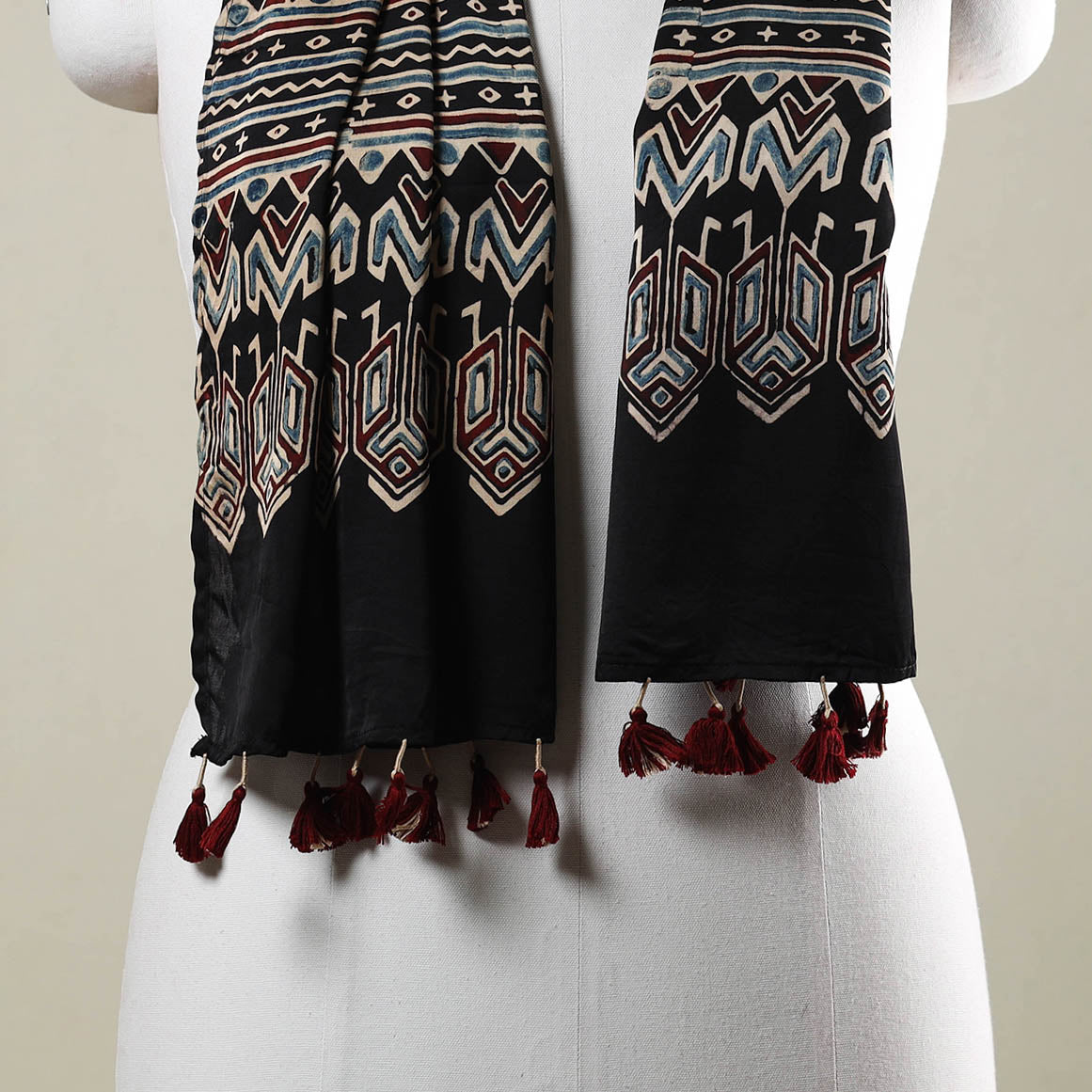  Ajrakh Hand Block Printed Modal Silk Stole with Tassels 