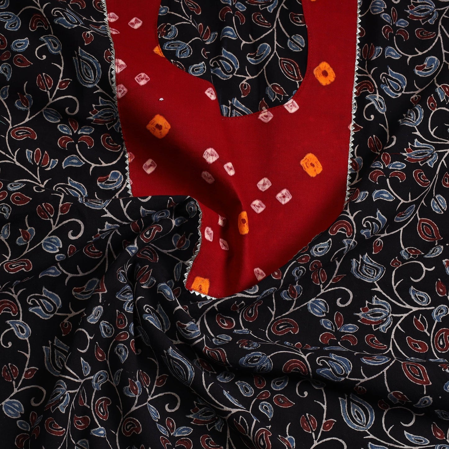 Black - Ajrakh Print Cotton Patchwork Kurta Material (3m) 05