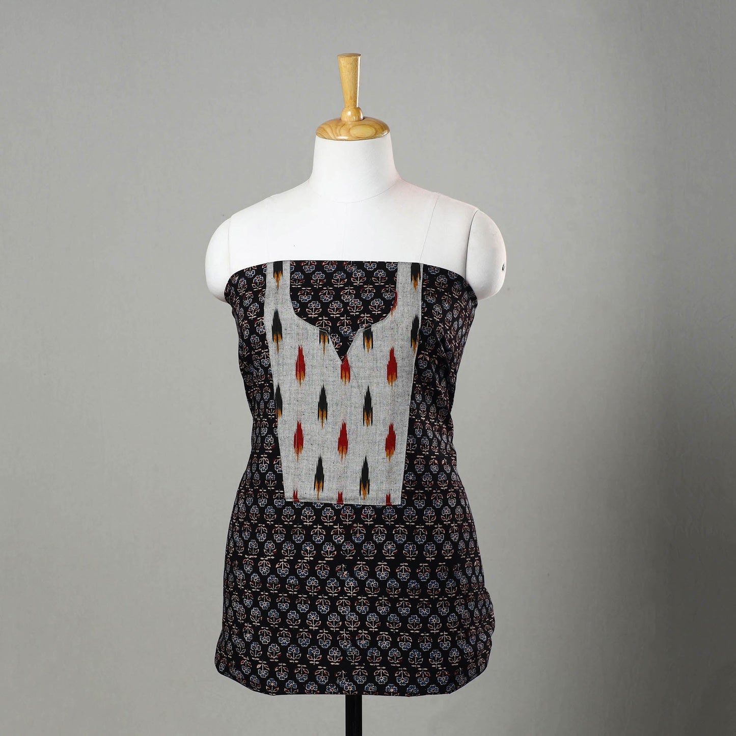 Black - Ajrakh Print Cotton Kurta Material with Patchwork (3m) 14