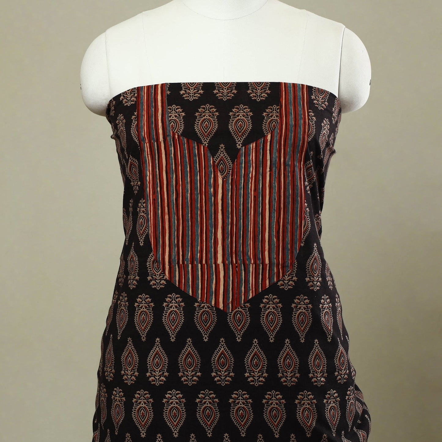 Buy Black Ajrakh Print Patchwork Cotton Kurta Material