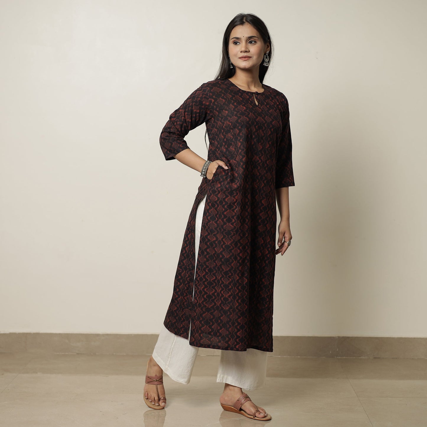Akola Hand Block Print Cotton Long Straight Kurta for Women