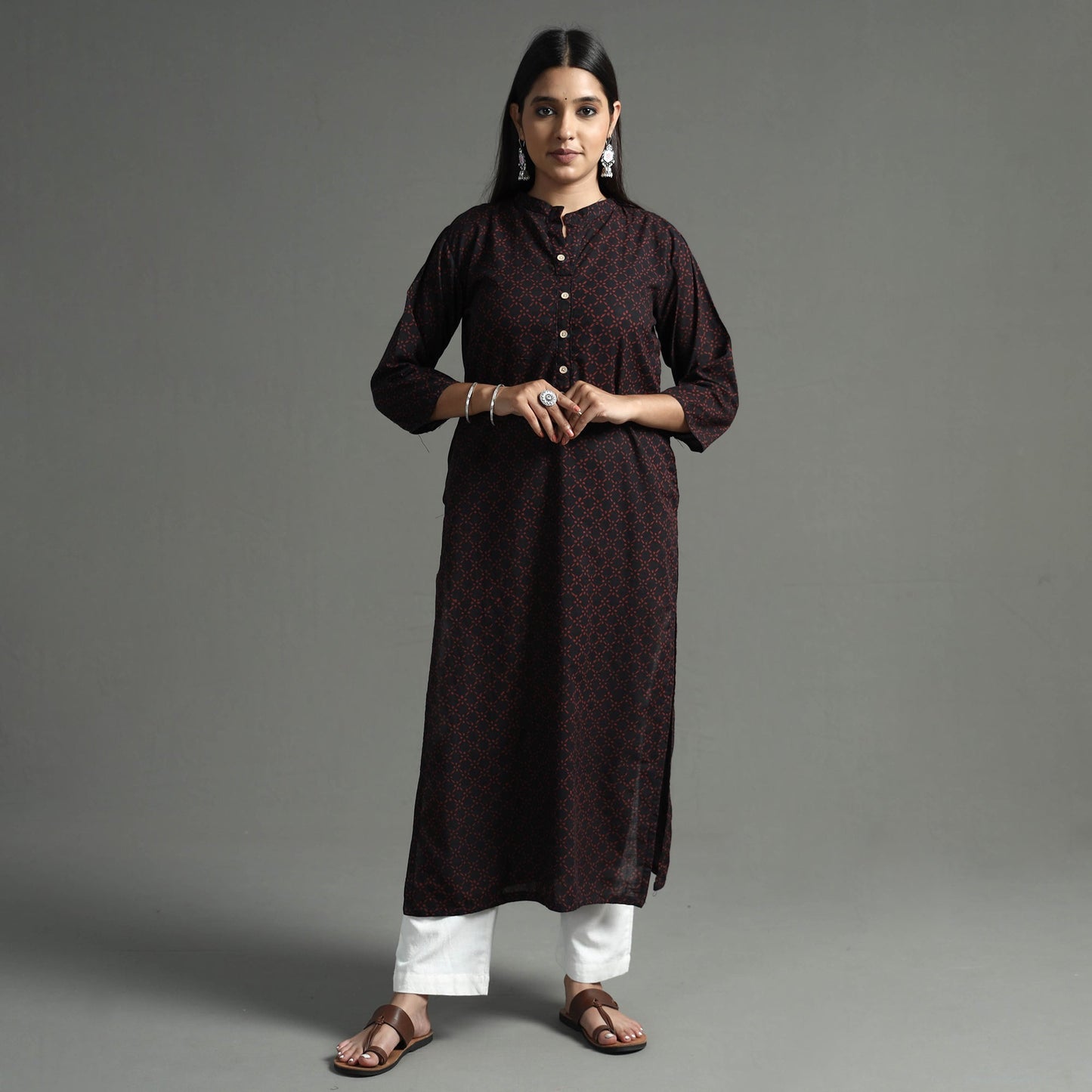 Akola Block Print Cotton Long Straight Kurta for Women