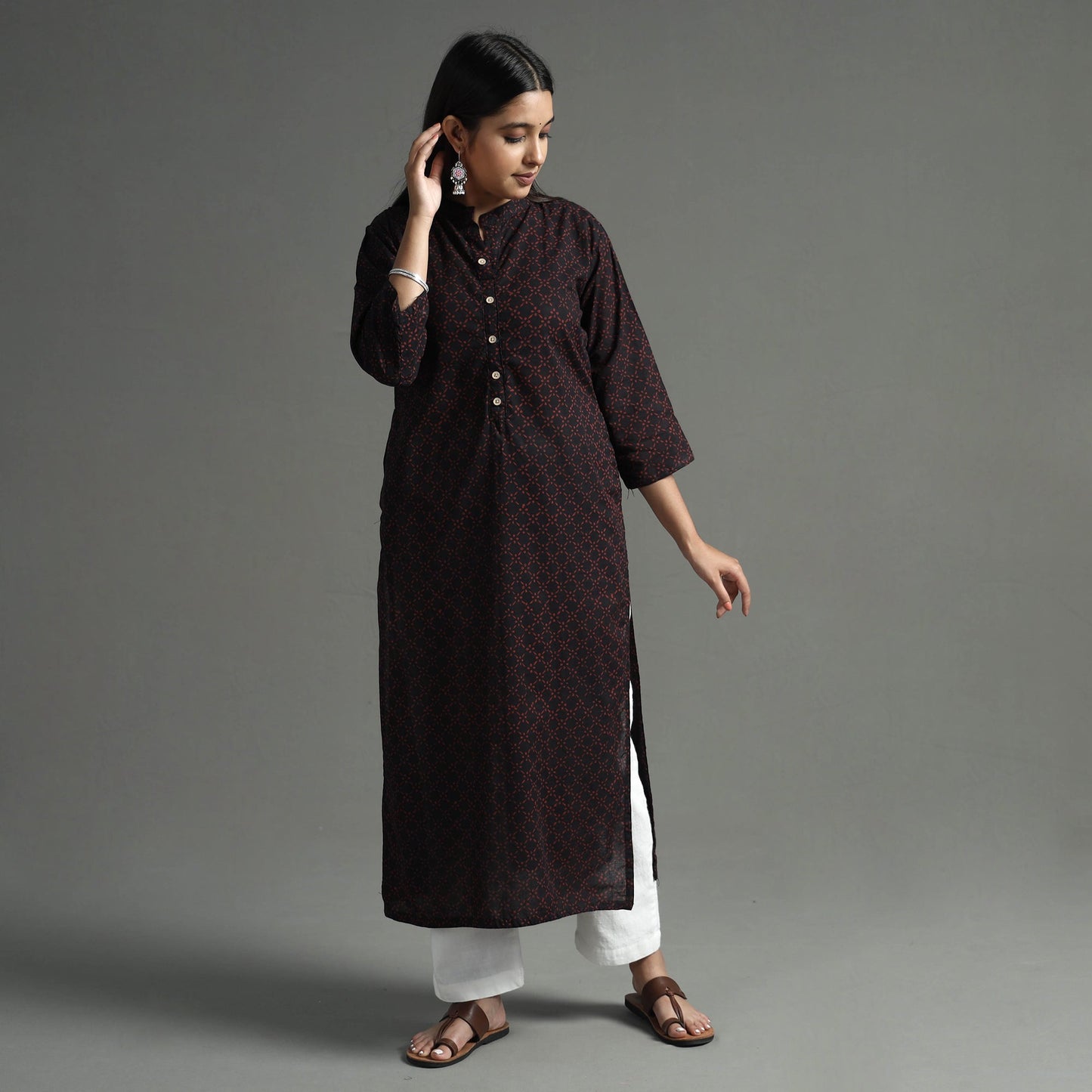 Akola Block Print Cotton Long Straight Kurta for Women