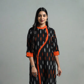 Buy Black Angrakha Cotton Straight Pochampally Ikat Kurta 