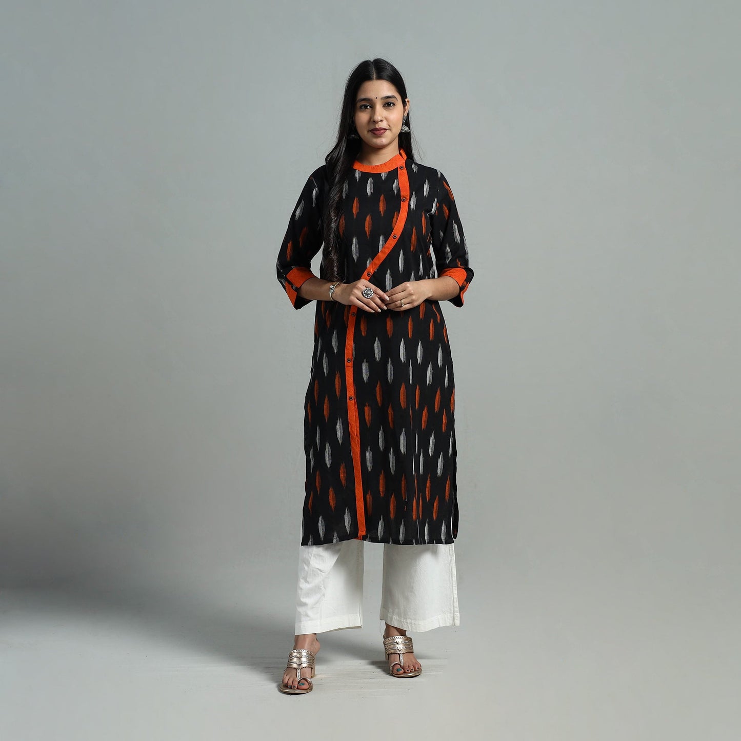 Buy Black Angrakha Cotton Straight Pochampally Ikat Kurta 