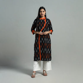 Buy Black Angrakha Cotton Straight Pochampally Ikat Kurta 