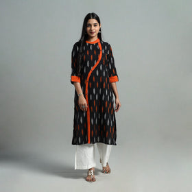 Buy Black Angrakha Cotton Straight Pochampally Ikat Kurta 