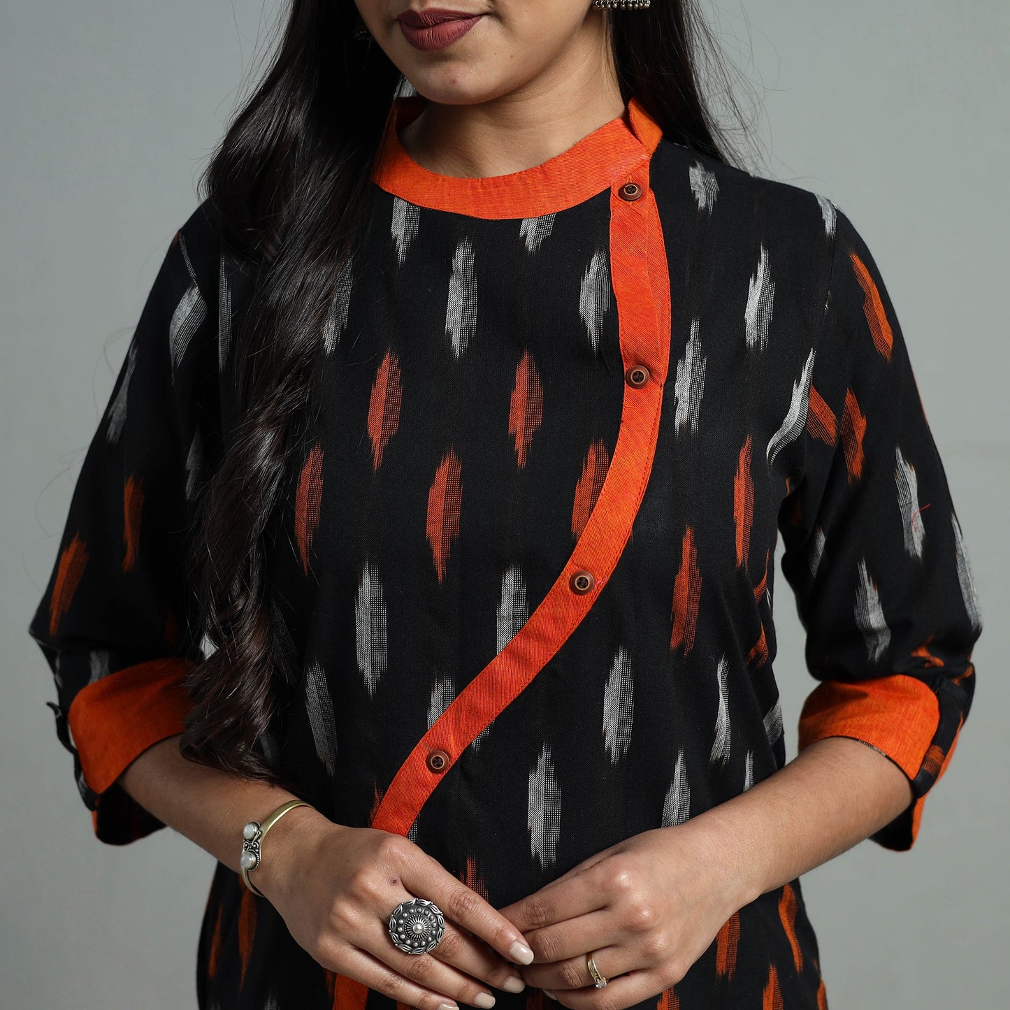 Buy Black Angrakha Cotton Straight Pochampally Ikat Kurta 