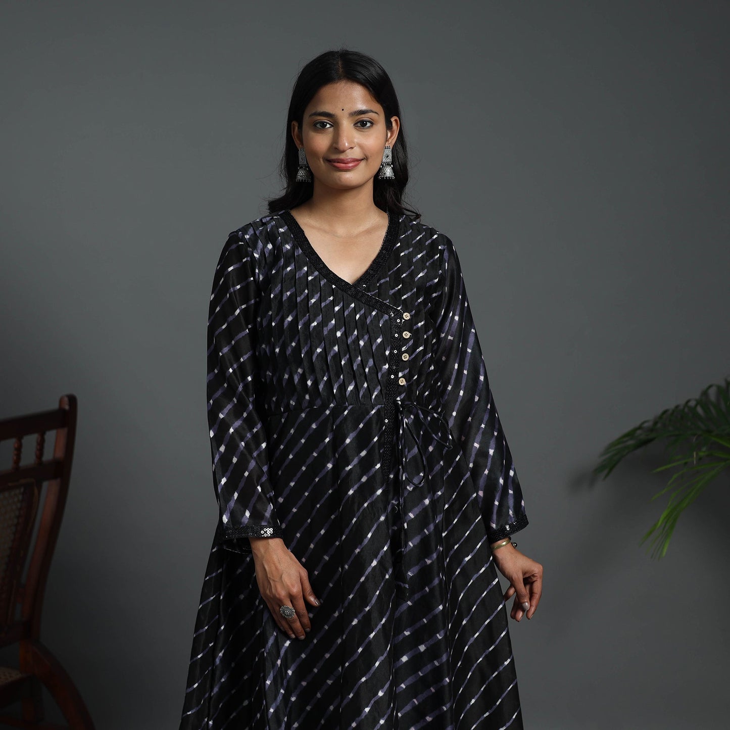 Black Angrakha Handloom Chanderi Silk Tie-Dye Leheriya Kurta for Women