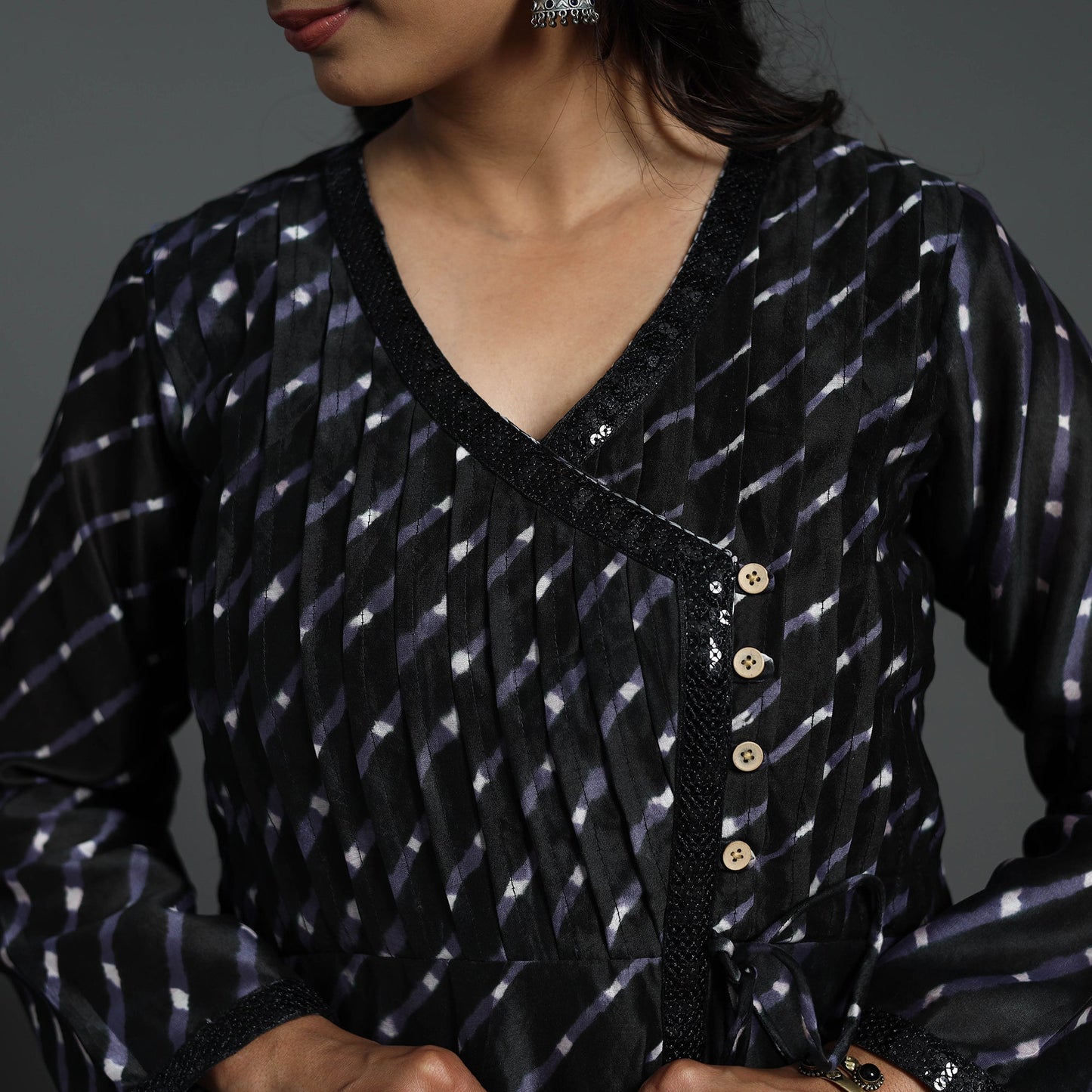 Black Angrakha Handloom Chanderi Silk Tie-Dye Leheriya Kurta for Women