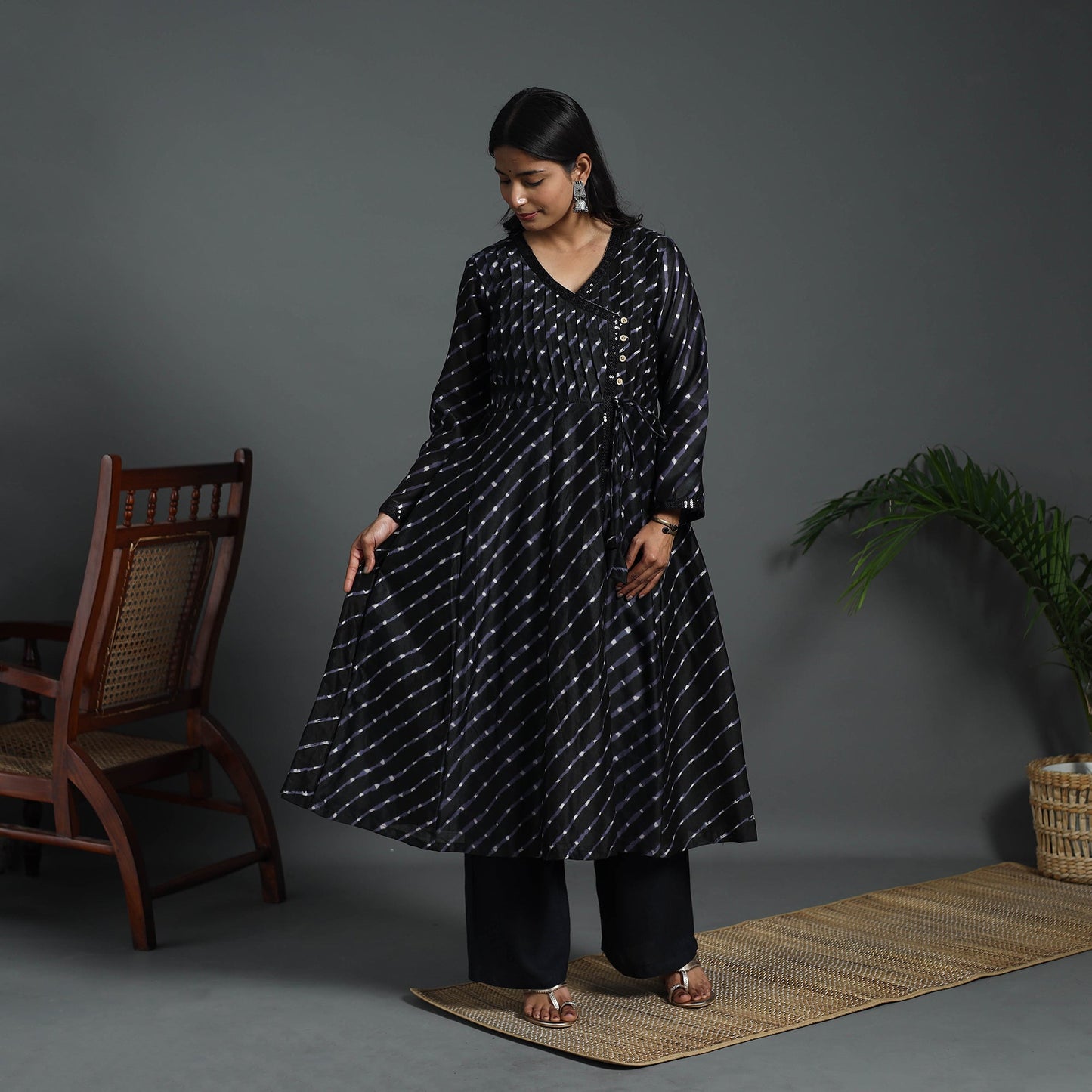 Black Angrakha Handloom Chanderi Silk Tie-Dye Leheriya Kurta for Women