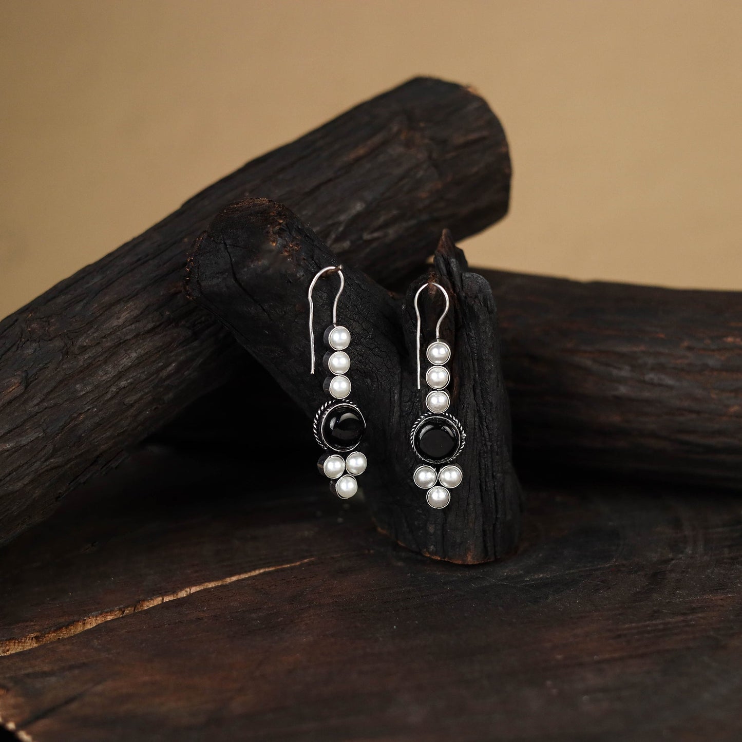 Black - antique silver finish oxidised stone work earrings
