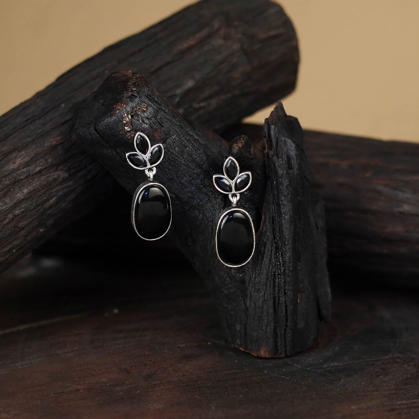 Black - antique silver finish oxidised stone work earrings