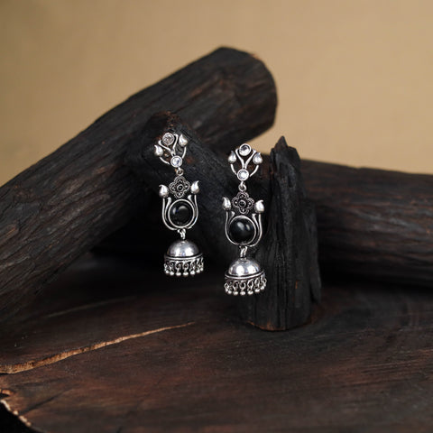 Black - antique silver finish oxidised stone work jhumka